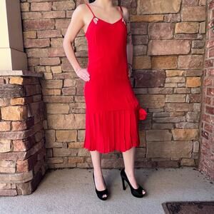 VINTAGE DLM 1920s Style Red Sleeveless Drop Waist Dress Pleated at Bottom 7/8